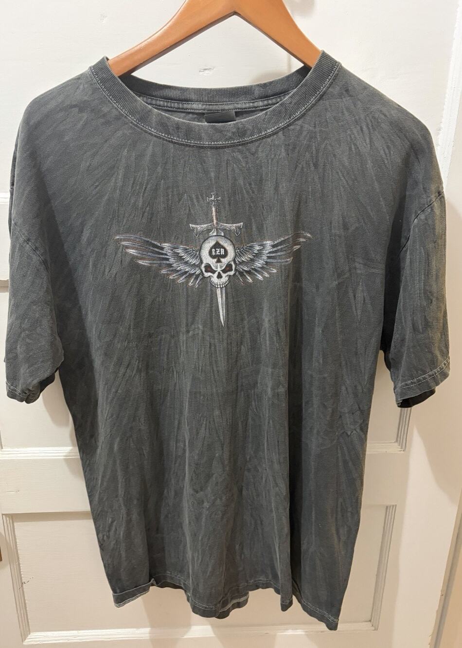F48 Easyriders Skull Wings Sword Graphic Tee Men’s L Acid Wash Easyriders Biker